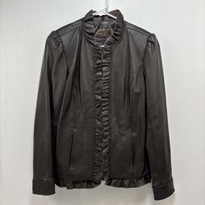 Bradley by Bradley Bayou Brown 100% Leather Jacket Size S‎ Ruffles Edgy Romantic